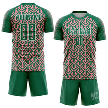 Laden Sie das Bild in den Galerie-Viewer, Custom Kelly Green Medium Pink-White Geometric Arrow Sublimation Soccer Uniform Jersey
