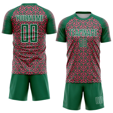 Custom Kelly Green Neon Pink-White Geometric Arrow Sublimation Soccer Uniform Jersey