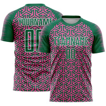 Laden Sie das Bild in den Galerie-Viewer, Custom Kelly Green Pink-White Geometric Arrow Sublimation Soccer Uniform Jersey
