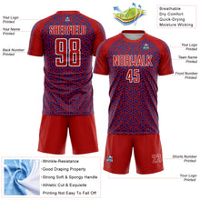 Laden Sie das Bild in den Galerie-Viewer, Custom Red Royal-White Geometric Arrow Sublimation Soccer Uniform Jersey

