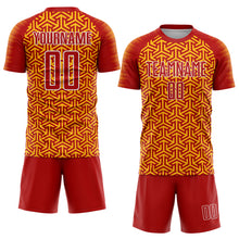 Laden Sie das Bild in den Galerie-Viewer, Custom Red Gold-White Geometric Arrow Sublimation Soccer Uniform Jersey
