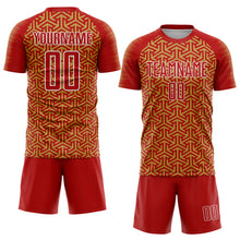 Laden Sie das Bild in den Galerie-Viewer, Custom Red Old Gold-White Geometric Arrow Sublimation Soccer Uniform Jersey
