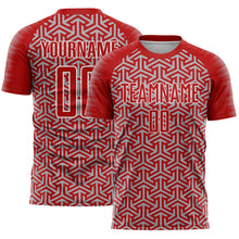 Laden Sie das Bild in den Galerie-Viewer, Custom Red Gray-White Geometric Arrow Sublimation Soccer Uniform Jersey
