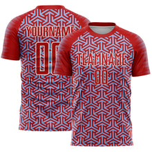 Laden Sie das Bild in den Galerie-Viewer, Custom Red Light Blue-White Geometric Arrow Sublimation Soccer Uniform Jersey
