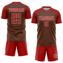 Laden Sie das Bild in den Galerie-Viewer, Custom Red Kelly Green-White Geometric Arrow Sublimation Soccer Uniform Jersey
