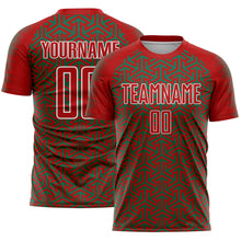 Laden Sie das Bild in den Galerie-Viewer, Custom Red Kelly Green-White Geometric Arrow Sublimation Soccer Uniform Jersey
