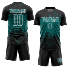 Laden Sie das Bild in den Galerie-Viewer, Custom Black Teal-White Abstract Splatter Grunge Art Sports Sublimation Soccer Uniform Jersey
