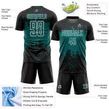 Laden Sie das Bild in den Galerie-Viewer, Custom Black Teal-White Abstract Splatter Grunge Art Sports Sublimation Soccer Uniform Jersey
