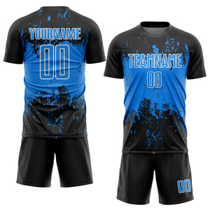 Custom Black Powder Blue-White Abstract Splatter Grunge Art Sports Sublimation Soccer Uniform Jersey