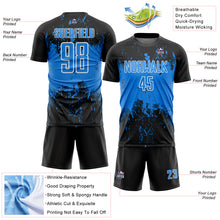 Laden Sie das Bild in den Galerie-Viewer, Custom Black Powder Blue-White Abstract Splatter Grunge Art Sports Sublimation Soccer Uniform Jersey
