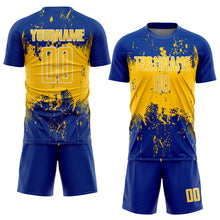 Laden Sie das Bild in den Galerie-Viewer, Custom Royal Yellow-White Abstract Splatter Grunge Art Sports Sublimation Soccer Uniform Jersey
