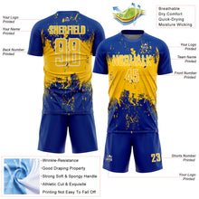 Laden Sie das Bild in den Galerie-Viewer, Custom Royal Yellow-White Abstract Splatter Grunge Art Sports Sublimation Soccer Uniform Jersey
