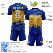 Laden Sie das Bild in den Galerie-Viewer, Custom Royal Old Gold-White Abstract Splatter Grunge Art Sports Sublimation Soccer Uniform Jersey
