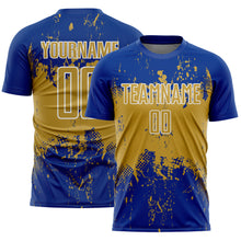 Laden Sie das Bild in den Galerie-Viewer, Custom Royal Old Gold-White Abstract Splatter Grunge Art Sports Sublimation Soccer Uniform Jersey
