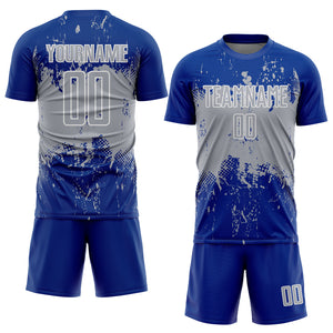 Custom Royal Gray-White Abstract Splatter Grunge Art Sports Sublimation Soccer Uniform Jersey