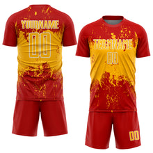 Laden Sie das Bild in den Galerie-Viewer, Custom Red Gold-White Abstract Splatter Grunge Art Sports Sublimation Soccer Uniform Jersey
