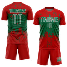 Laden Sie das Bild in den Galerie-Viewer, Custom Red Kelly Green-White Abstract Splatter Grunge Art Sports Sublimation Soccer Uniform Jersey
