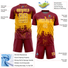 Laden Sie das Bild in den Galerie-Viewer, Custom Crimson Gold-White Abstract Splatter Grunge Art Sports Sublimation Soccer Uniform Jersey
