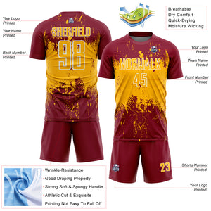 Custom Crimson Gold-White Abstract Splatter Grunge Art Sports Sublimation Soccer Uniform Jersey