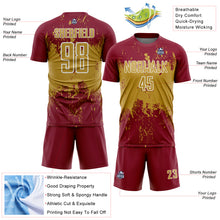 Laden Sie das Bild in den Galerie-Viewer, Custom Crimson Old Gold-White Abstract Splatter Grunge Art Sports Sublimation Soccer Uniform Jersey
