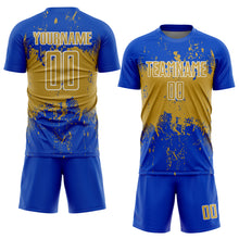 Laden Sie das Bild in den Galerie-Viewer, Custom Thunder Blue Old Gold-White Abstract Splatter Grunge Art Sports Sublimation Soccer Uniform Jersey
