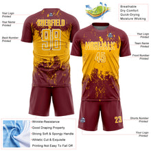 Laden Sie das Bild in den Galerie-Viewer, Custom Burgundy Gold-White Abstract Splatter Grunge Art Sports Sublimation Soccer Uniform Jersey
