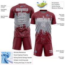 Laden Sie das Bild in den Galerie-Viewer, Custom Burgundy Gray-White Abstract Splatter Grunge Art Sports Sublimation Soccer Uniform Jersey
