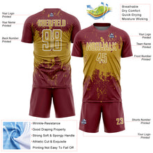 Загрузить изображение в средство просмотра галереи, Custom Burgundy Old Gold-White Abstract Splatter Grunge Art Sports Sublimation Soccer Uniform Jersey
