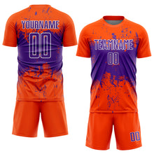 Laden Sie das Bild in den Galerie-Viewer, Custom Orange Purple-White Abstract Splatter Grunge Art Sports Sublimation Soccer Uniform Jersey
