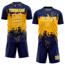 Laden Sie das Bild in den Galerie-Viewer, Custom Navy Gold-White Abstract Splatter Grunge Art Sports Sublimation Soccer Uniform Jersey
