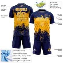 Laden Sie das Bild in den Galerie-Viewer, Custom Navy Gold-White Abstract Splatter Grunge Art Sports Sublimation Soccer Uniform Jersey
