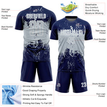 Laden Sie das Bild in den Galerie-Viewer, Custom Navy Silver-White Abstract Splatter Grunge Art Sports Sublimation Soccer Uniform Jersey
