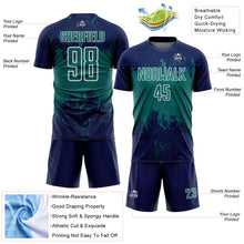 Laden Sie das Bild in den Galerie-Viewer, Custom Navy Teal-White Abstract Splatter Grunge Art Sports Sublimation Soccer Uniform Jersey
