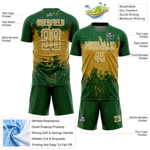Custom Green Old Gold-White Abstract Splatter Grunge Art Sports Sublimation Soccer Uniform Jersey
