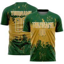 Laden Sie das Bild in den Galerie-Viewer, Custom Green Old Gold-White Abstract Splatter Grunge Art Sports Sublimation Soccer Uniform Jersey
