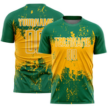 Laden Sie das Bild in den Galerie-Viewer, Custom Kelly Green Gold-White Abstract Splatter Grunge Art Sports Sublimation Soccer Uniform Jersey
