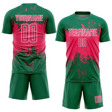 Custom Kelly Green Neon Pink-White Abstract Splatter Grunge Art Sports Sublimation Soccer Uniform Jersey
