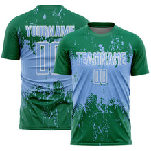 Laden Sie das Bild in den Galerie-Viewer, Custom Kelly Green Light Blue-White Abstract Splatter Grunge Art Sports Sublimation Soccer Uniform Jersey

