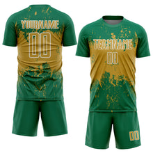 Laden Sie das Bild in den Galerie-Viewer, Custom Kelly Green Old Gold-White Abstract Splatter Grunge Art Sports Sublimation Soccer Uniform Jersey
