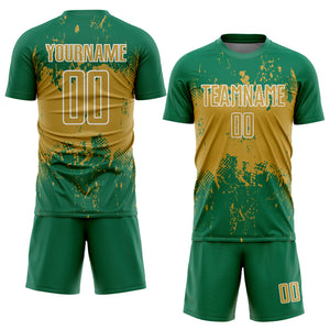 Custom Kelly Green Old Gold-White Abstract Splatter Grunge Art Sports Sublimation Soccer Uniform Jersey