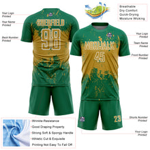 Laden Sie das Bild in den Galerie-Viewer, Custom Kelly Green Old Gold-White Abstract Splatter Grunge Art Sports Sublimation Soccer Uniform Jersey
