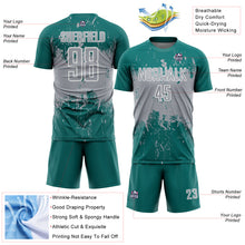 Laden Sie das Bild in den Galerie-Viewer, Custom Teal Gray-White Abstract Splatter Grunge Art Sports Sublimation Soccer Uniform Jersey
