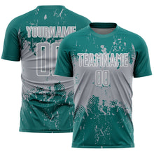 Laden Sie das Bild in den Galerie-Viewer, Custom Teal Gray-White Abstract Splatter Grunge Art Sports Sublimation Soccer Uniform Jersey
