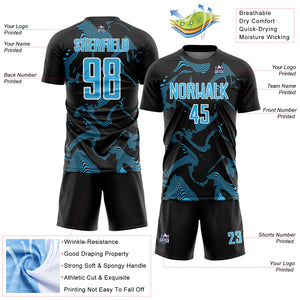 Custom Black Sky Blue-White Curve Lines Sports Sublimation Soccer Uniform Jersey