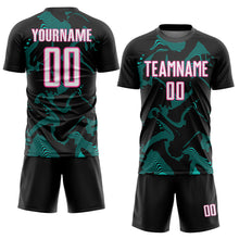 Laden Sie das Bild in den Galerie-Viewer, Custom Black White Aqua-Pink Curve Lines Sports Sublimation Soccer Uniform Jersey
