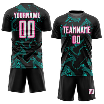 Custom Black White Aqua-Pink Curve Lines Sports Sublimation Soccer Uniform Jersey