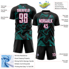 Laden Sie das Bild in den Galerie-Viewer, Custom Black White Aqua-Pink Curve Lines Sports Sublimation Soccer Uniform Jersey
