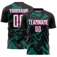 Laden Sie das Bild in den Galerie-Viewer, Custom Black White Aqua-Pink Curve Lines Sports Sublimation Soccer Uniform Jersey
