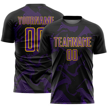 Custom Black Purple-Yellow Curve Lines Sports Sublimation Soccer Uniform Jersey