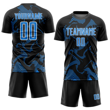 Custom Black Powder Blue-White Curve Lines Sports Sublimation Soccer Uniform Jersey